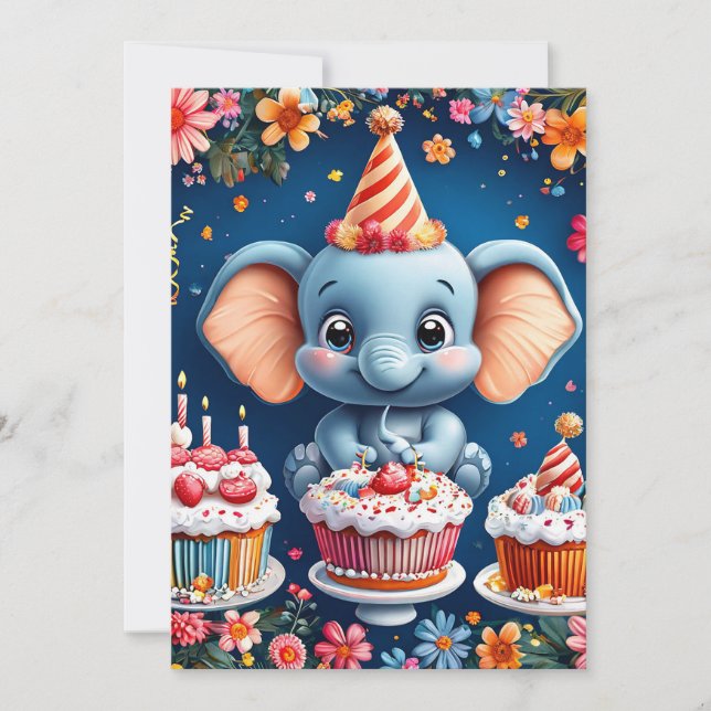 Invitación Elefante de cumpleaños con pastel y globos (Anverso)