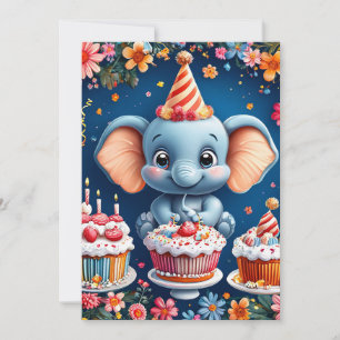 Invitación Elefante de cumpleaños con pastel y globos