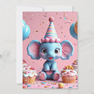 Invitación Elefante de cumpleaños con torta y globos