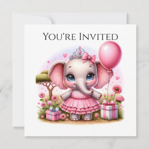 Invitación Elefante de cumpleaños con traje de rosa y tiara