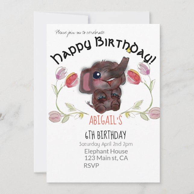 Invitación Elefante de cumpleaños feliz y tulipanes (Anverso)