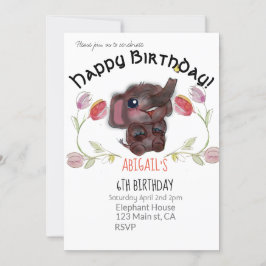 Invitación Elefante de cumpleaños feliz y tulipanes
