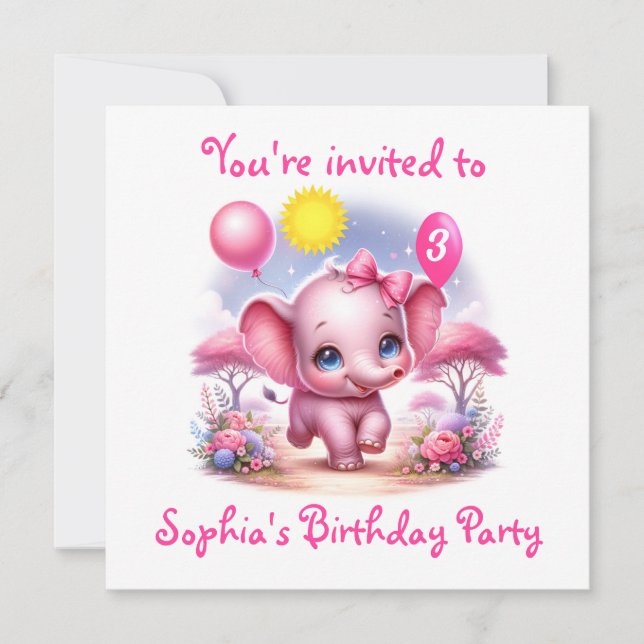 Invitación Elefante de cumpleaños rosado adorable con globos (Anverso)
