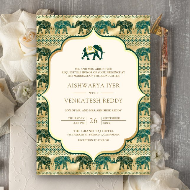 Invitación Elefante de esmeralda crema en un Boda indio (Subido por el creador)