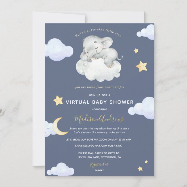 Invitación Elefante de estrella pequeña virtual de Baby Showe (Anverso)
