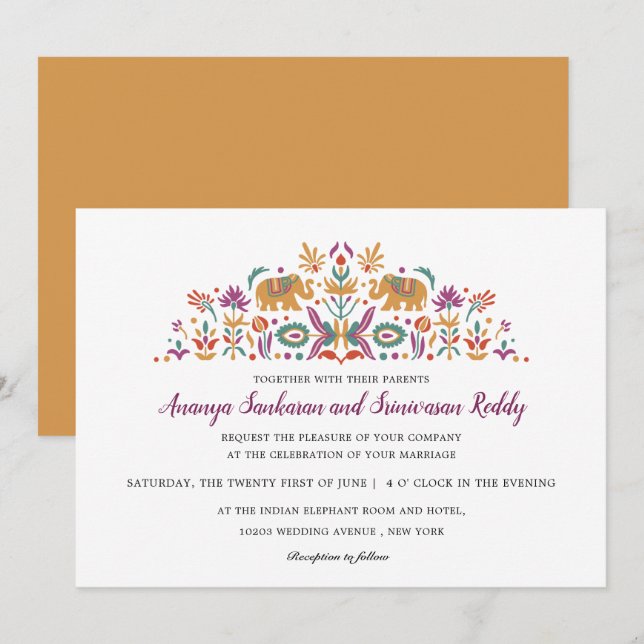 Invitación Elefante de Flor Indio boda amarillo mostaza (Anverso / Reverso)