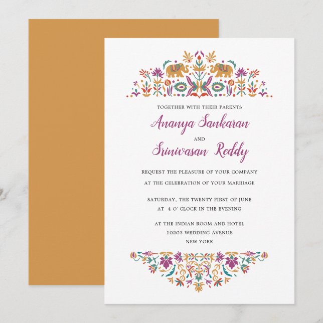 Invitación Elefante de Flor Indio Boda amarillo mostaza (Anverso / Reverso)