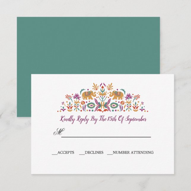 Invitación Elefante de Flor Indio Jade verde boda RSVP (Anverso / Reverso)