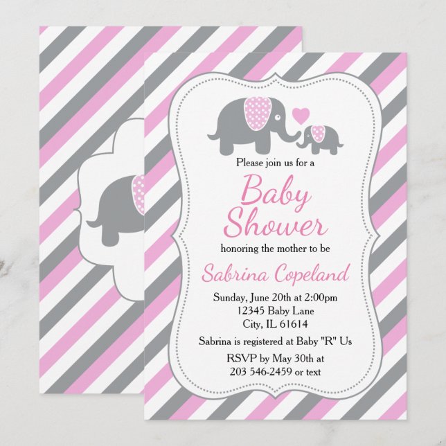 Invitación Elefante de franjas rosadas y grises | BABY SHOWER (Anverso / Reverso)