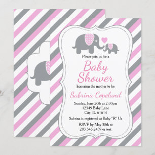 Invitación Elefante de franjas rosadas y grises   BABY SHOWER
