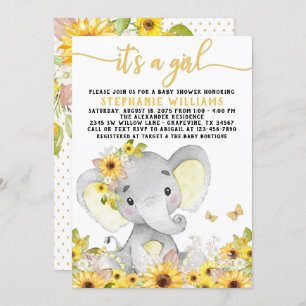 Invitación Elefante de girasol Baby Shower