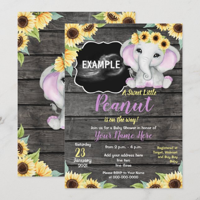 Invitación Elefante de girasol Ultrasonido Baby Shower Purple (Anverso / Reverso)