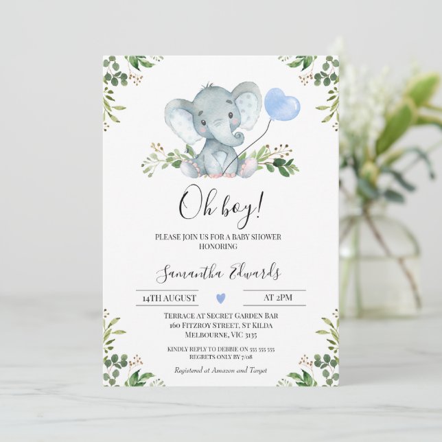 Invitación Elefante de globo azul verde Oh Boy Baby Shower (Anverso de pie)
