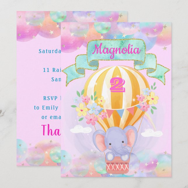 Invitación Elefante de globo de aire caliente de Unicornio co (Anverso / Reverso)