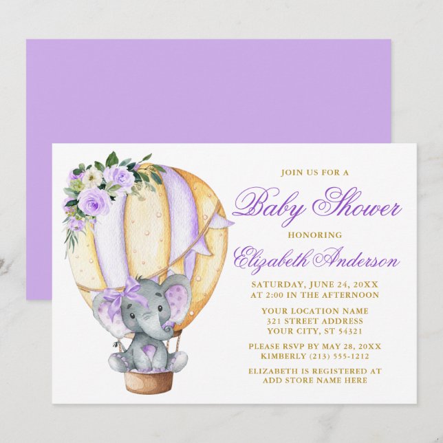 Invitación Elefante de globo de violeta floral morado Bow Bab (Anverso / Reverso)