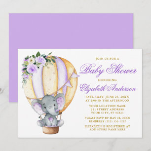 Invitación Elefante de globo floral Baby Shower Purple
