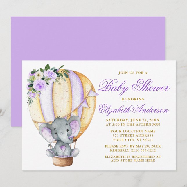 Invitación Elefante de globo floral Baby Shower Purple (Anverso / Reverso)
