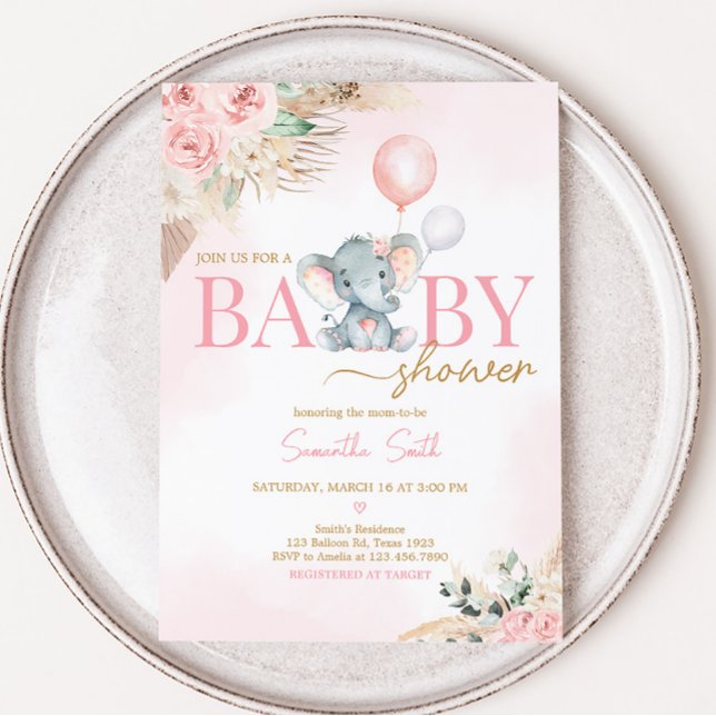 Invitación Elefante de globo rosa Baby Shower (Pink Floral Pampas Grass Elephant Baby Shower Invitation)