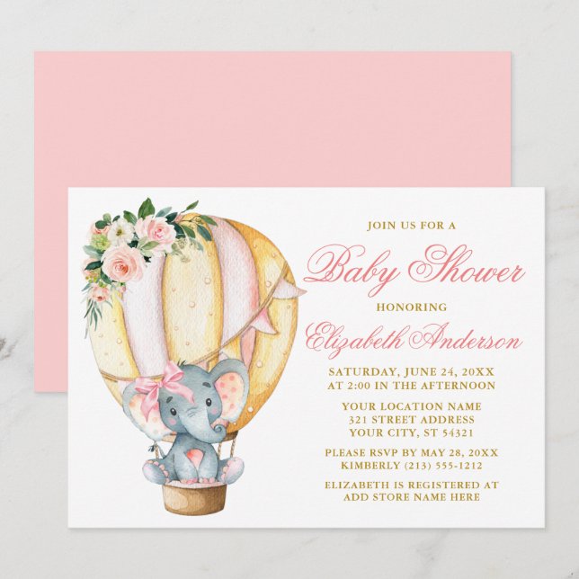 Invitación Elefante de globo rosa Floral Baby Shower (Anverso / Reverso)