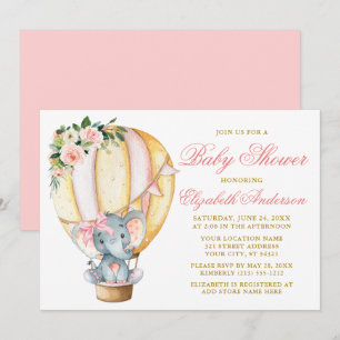 Invitación Elefante de globo rosa Floral Baby Shower