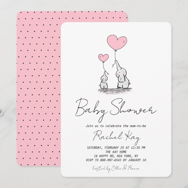 Invitación Elefante de globo rosa recién nacido Chica Baby Sh (Anverso / Reverso)