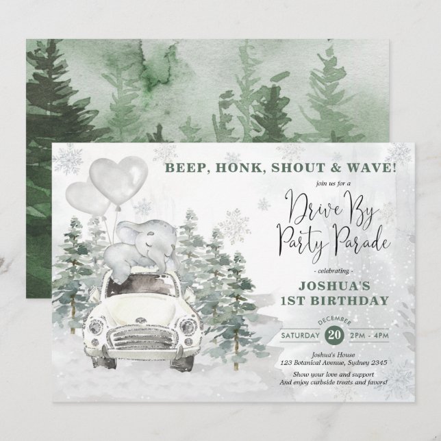 Invitación Elefante De Invierno Snowley Silver Conduce Por Cu (Anverso / Reverso)