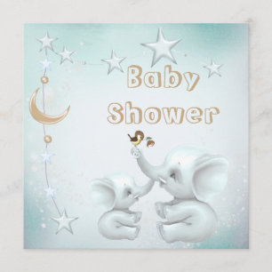 Invitación Elefante de la mamá y del bebé, luna y estrellas