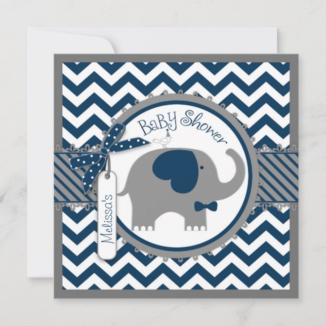 Invitación Elefante de la Marina y Chevron Imprimir Baby Show (Anverso)