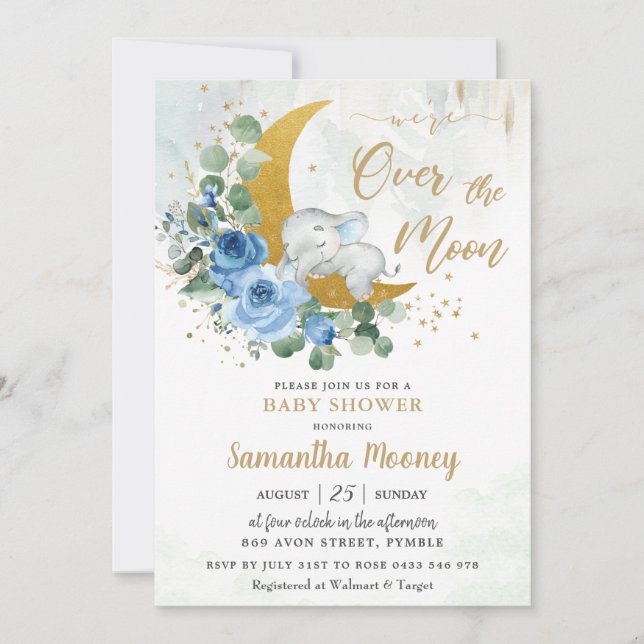 Invitación Elefante de la moda Estamos sobre la luna Baby Sho (Anverso)