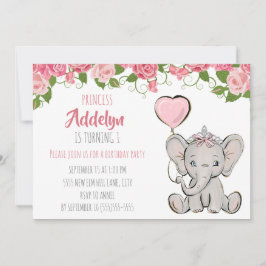 Invitación Elefante de la Princesa Tiara Floral Rosa Primer c