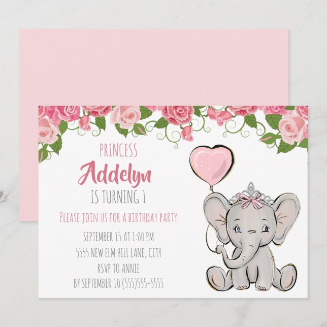 Invitación Elefante de la Princesa Tiara Floral Rosa Primer c (Anverso / Reverso)