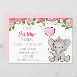 Invitación Elefante de la Princesa Tiara Floral Rosa Primer c