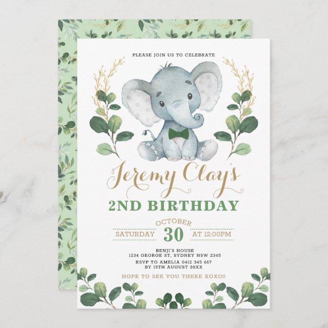 Invitación Elefante de la Selva de Oro Verde (Anverso / Reverso)