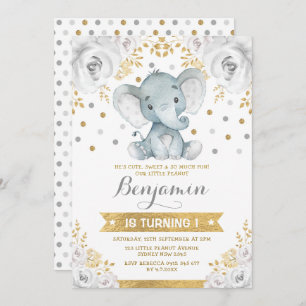 Invitación Elefante de la selva gris dorada Primer Fiesta de 