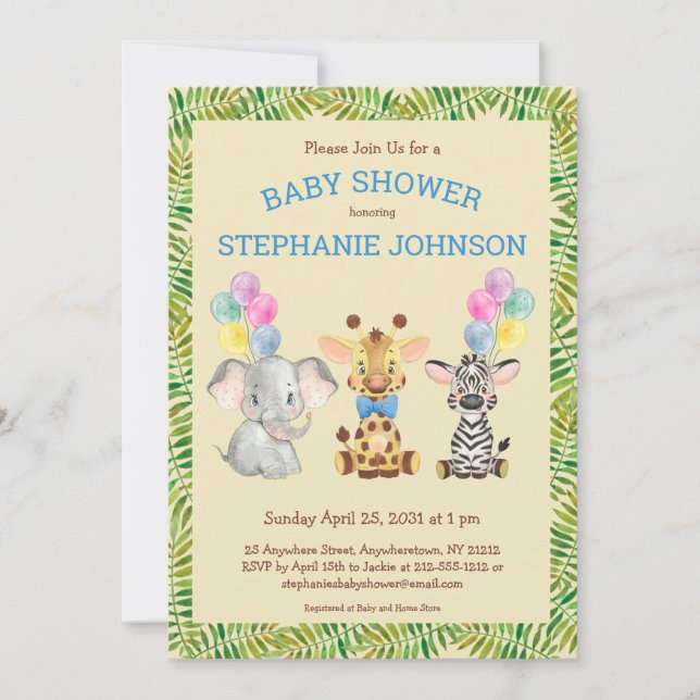 Invitación Elefante de la selva Safari Giraffe Zebra Baby Sho (Anverso)