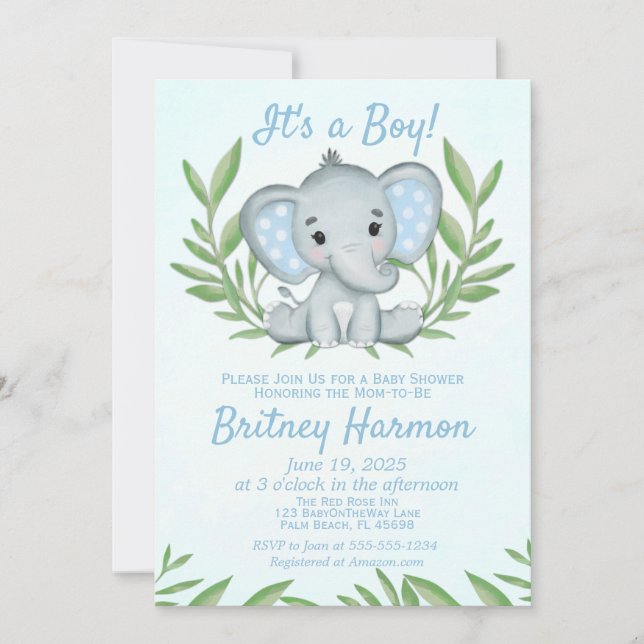 Invitación Elefante de la vegetación moderna Baby Shower (Anverso)