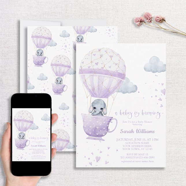 Invitación Elefante de Lavender bebé se prepara Baby Shower (Subido por el creador)