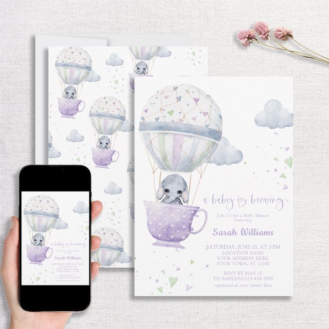 Invitación Elefante de Lavender bebé se prepara Baby Shower (Subido por el creador)