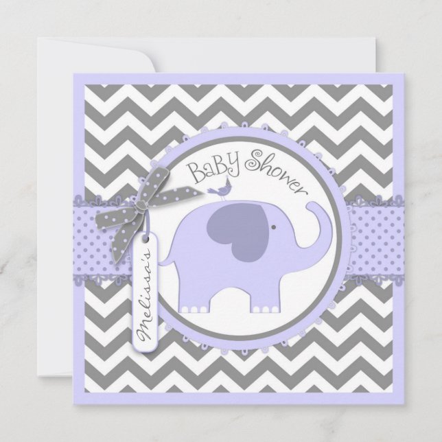Invitación Elefante de Lavender y Baby Shower de Chevron Prin (Anverso)