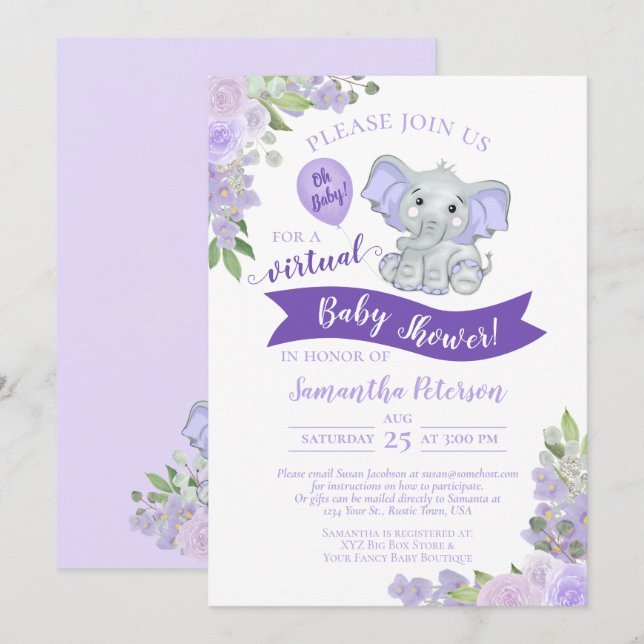 Invitación Elefante de Lavender y Baby Shower virtual floral (Anverso / Reverso)