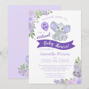 Invitación Elefante de Lavender y Baby Shower virtual floral