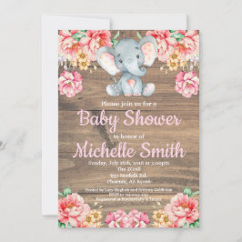 Invitación Elefante de madera Baby Shower del chica rosado