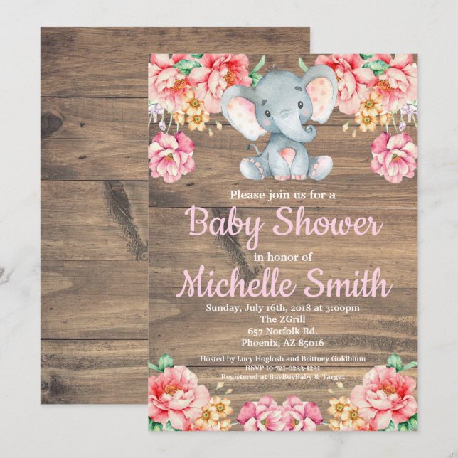Invitación Elefante de madera Baby Shower del chica rosado (Anverso / Reverso)
