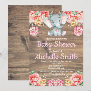 Invitación Elefante de madera Baby Shower del chica rosado