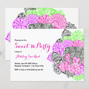 Invitación elefante de manala floral rosa boho neón dulce dul