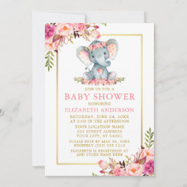 Invitación Elefante de marco dorado rosado Floral Baby Shower