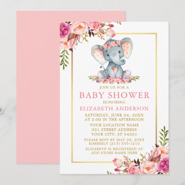 Invitación Elefante de marco dorado rosado Floral Baby Shower (Anverso / Reverso)