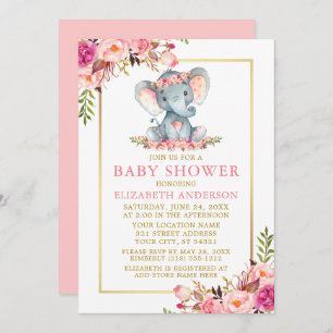 Invitación Elefante de marco dorado rosado Floral Baby Shower