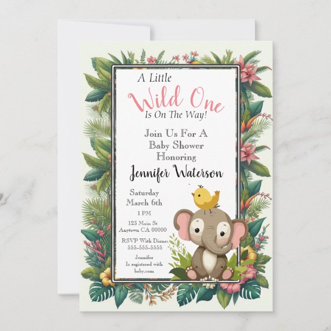 Invitación Elefante de marco floral de selva Baby Shower (Anverso)