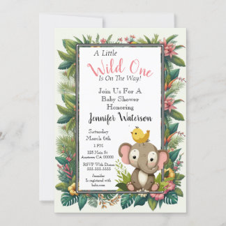 Invitación Elefante de marco floral de selva Baby Shower